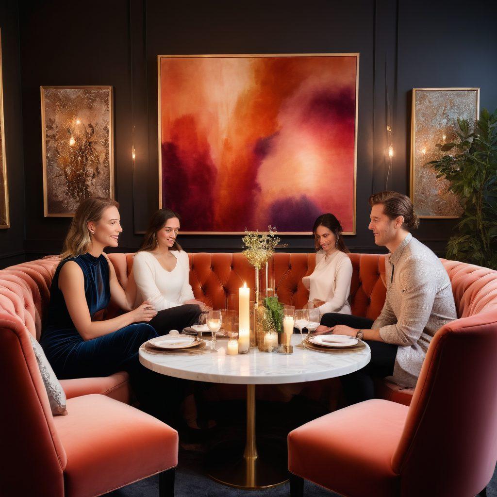A stylish and sophisticated gathering space with cozy lighting, plush velvet seating, and subtle erotic art on the walls. Include diverse, confident adults engaging in playful conversations, surrounded by sensual decor like candles and elegant table settings. The atmosphere radiates warmth and openness, inviting exploration and connection. soft focus. vibrant colors. modern art style.