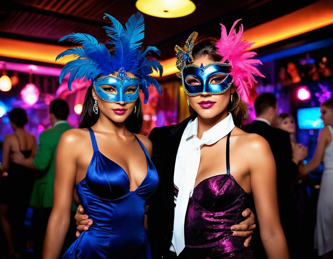 A vibrant nightlife scene showcasing diverse couples exploring an upscale adult-themed club, adorned with colorful lights and plush lounges. Include elements of dance, laughter, and playful interactions, illustrating an open-minded atmosphere. Add hints of masquerade masks and luxurious decor, evoking a sense of fantasy and adventure. neon colors. dynamic composition. captivating and whimsical.