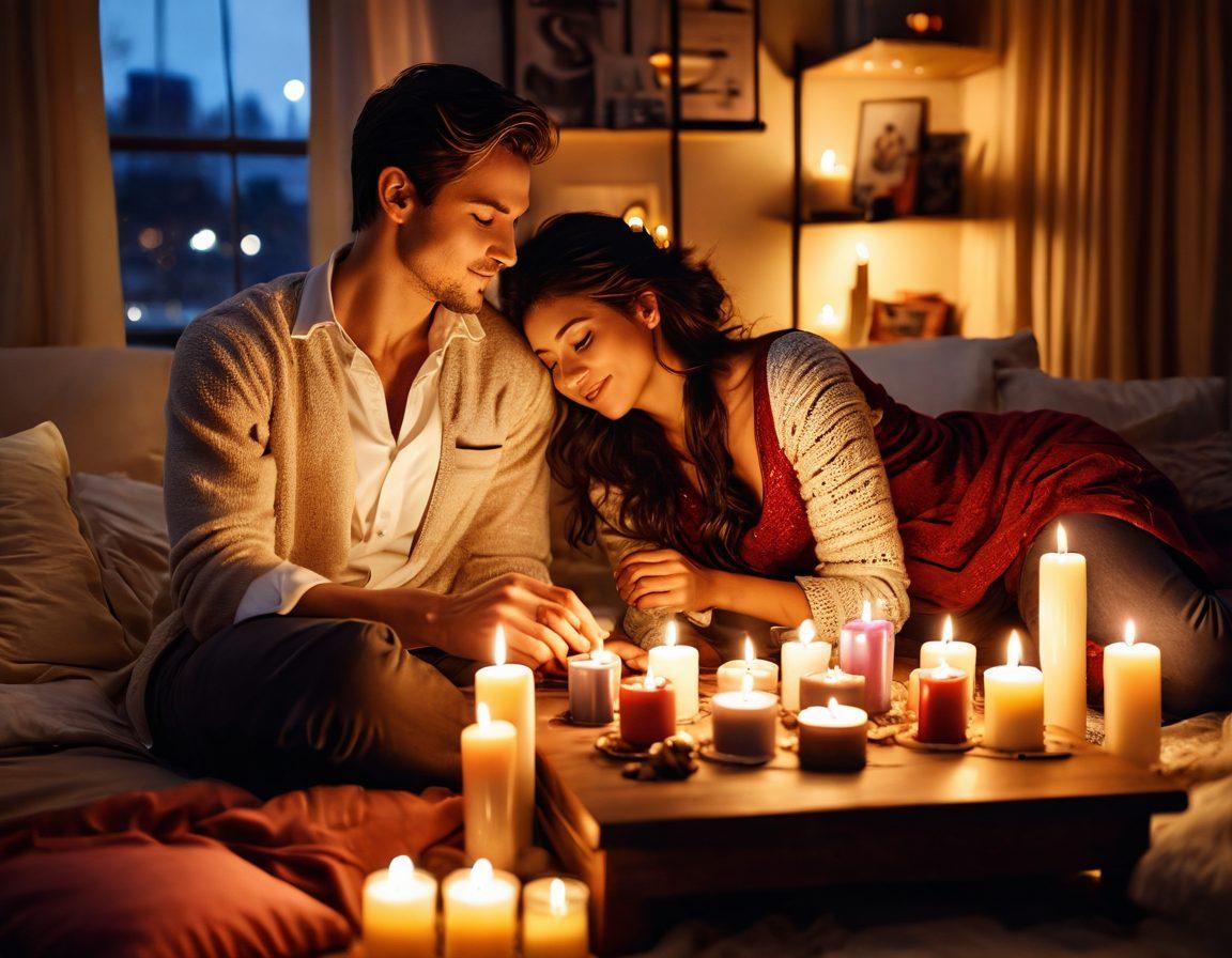 A romantic setting with a dimly lit room featuring a cozy couple engaged in a fun and intimate activity, surrounded by soft pillows and candles, creating an atmosphere of warmth and connection. Include elements of art supplies, board games, and elements that symbolize passion, like intertwined hands or a soft blanket. The colors should be warm and inviting, evoking feelings of love and intimacy. dreamy lighting. vibrant colors. soft focus.